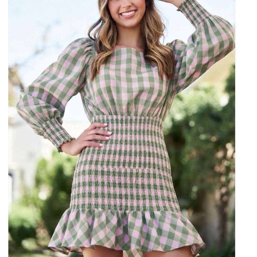 New Nasty Gal Smocked Waist Hips Mini Dress Puff Sleeve Women's 10 Beige Green